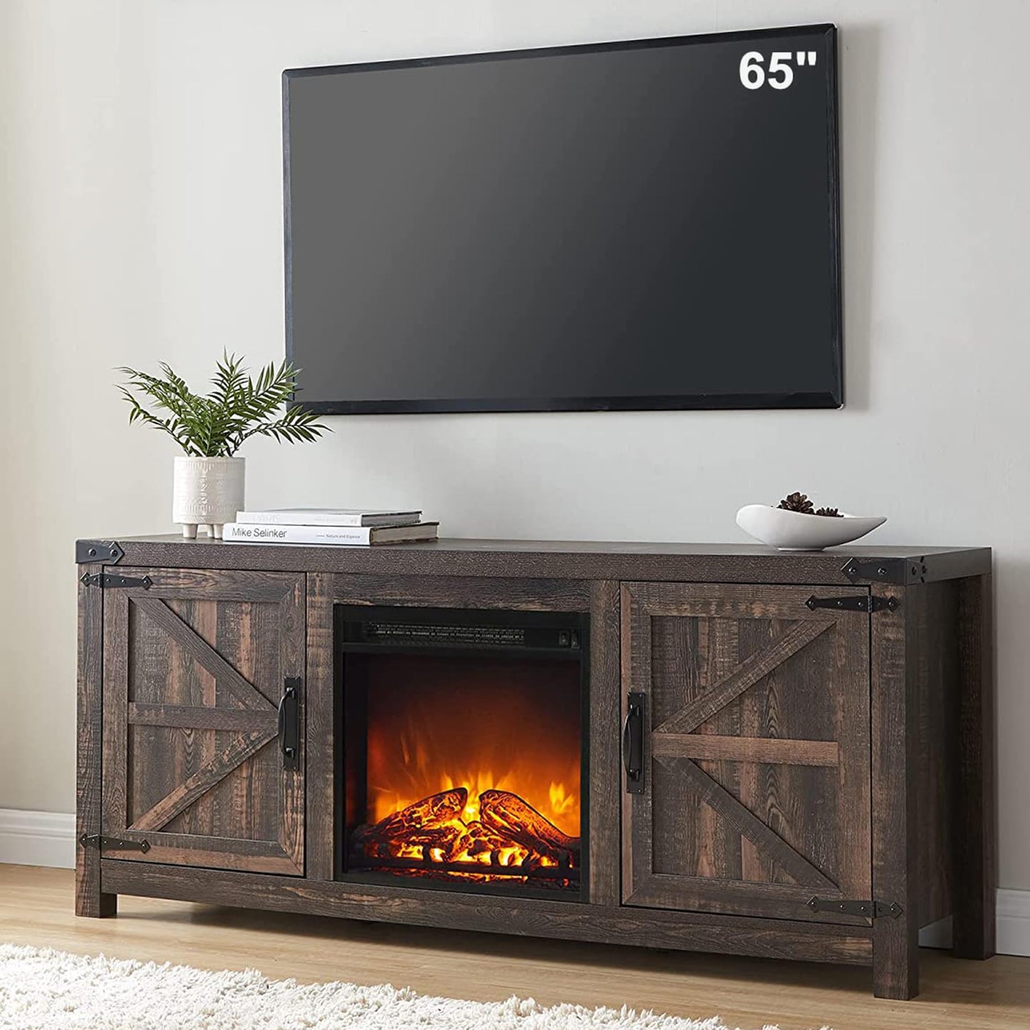 T4TREAM Fireplace TV Stand for 65 Inch TV, Farmhouse Barn Door Media Console, Entertainment Center with 18" Electric Fireplace Storage Cabinet Doors,for Living Room, 58 Inch, Dark Rustic Oak