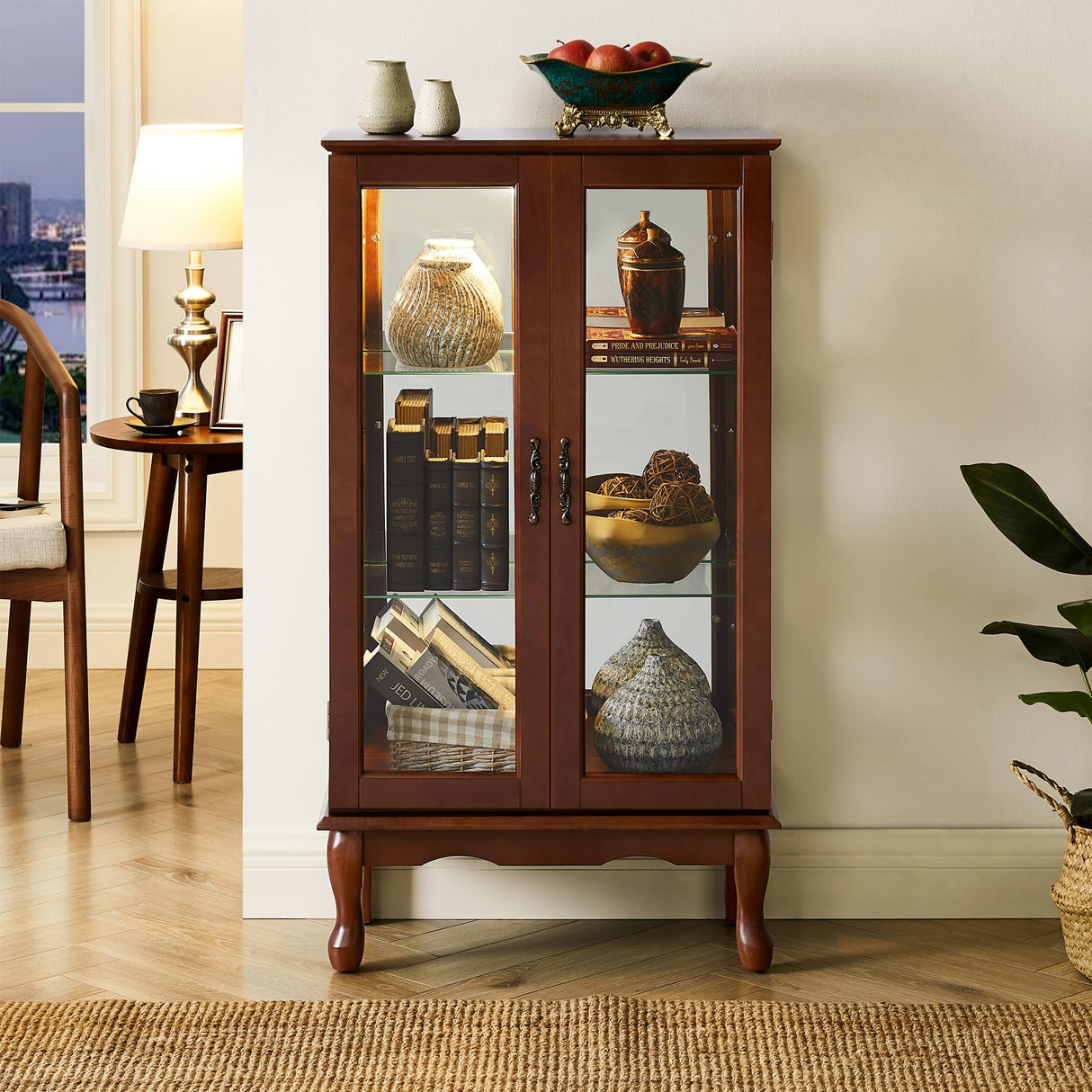 Anveffeg Lighted Curio Cabinet with Adjustable Shelves & Mirrored Back Panel - 3-Tier Cherry Finish Display Cabinet with Tempered Glass Doors (E26 Bulb Not Included) Anveffeg