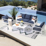 Patiorama Aluminum Patio Furniture Set, 4 PCS Modern Patio Conversation Set, All Weather White Outdoor Sectional Sofa Set w/Table, 3-Seater Sofa, Superior Olefin Cushion, Garden-Blue Cushion Patiorama