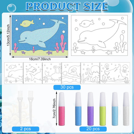 VercanMonth 30 Sets Ocean Animal Sand Art Kits for Kids DIY Craft Sand Painting Colored Art Painting Cards Set for Children DIY Arts Ocean Theme Educational and Learning Activities VercanMonth