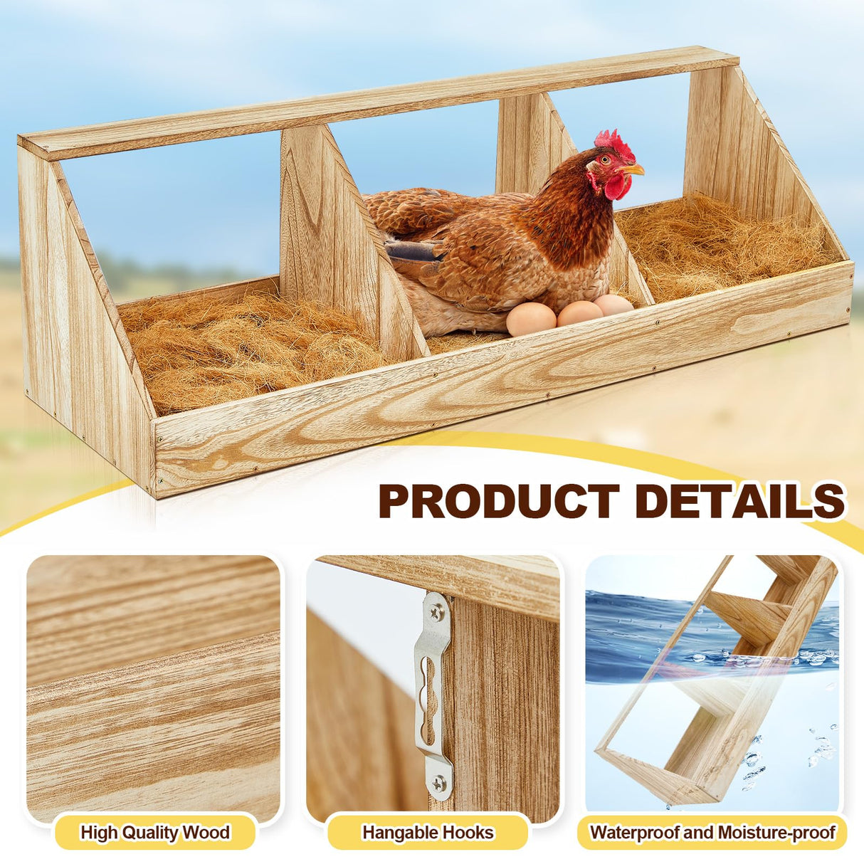 Thyle 1 Sets Chicken Nesting Boxes, 3 Compartment Wood Chicken Laying Boxes Chicken Coop Accessories Roosting Laying Boxes with Liners Large Bedding for Hens Birds Duck Coop Poultry Habitat Supplies Thyle