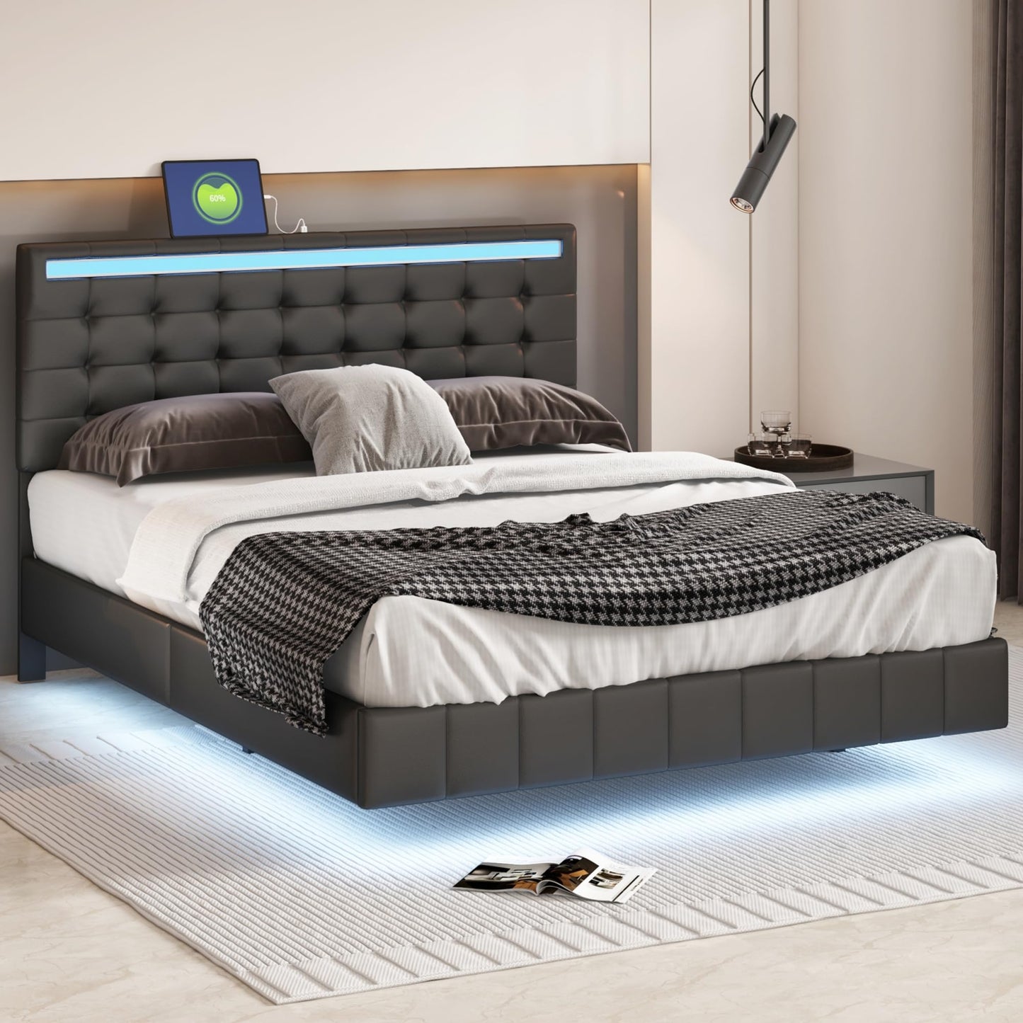 Bellemave Adjustable Queen Size Floating Bed Frame with LED Lights and USB Charger in Black - WoodArtSupply