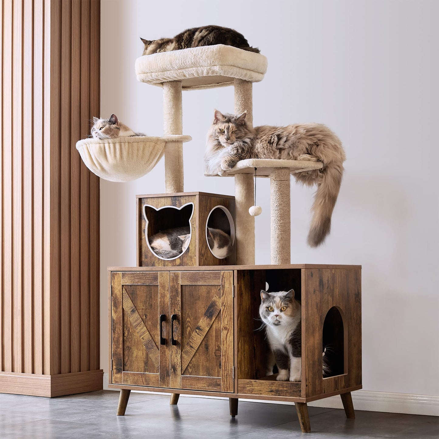 EnHomee Cat Litter Box Enclosure Cat Tree with Litter Box Enclosure Cat Towers for Large Cats Wooden Cat Condo Furniture with Washroom Cat Tree for Indoor Cats with Cat Scratching Post Cat House