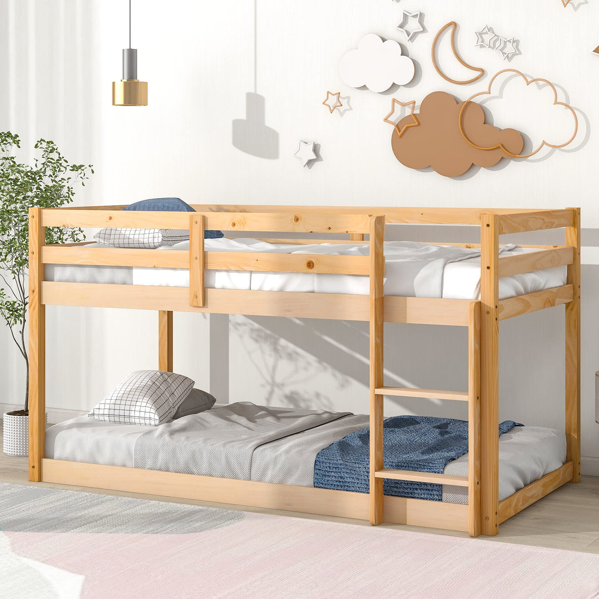 Low Profile Twin Over Twin Solid Wood Bunk Bed Frame for Kids in Natural Finish Bellemave