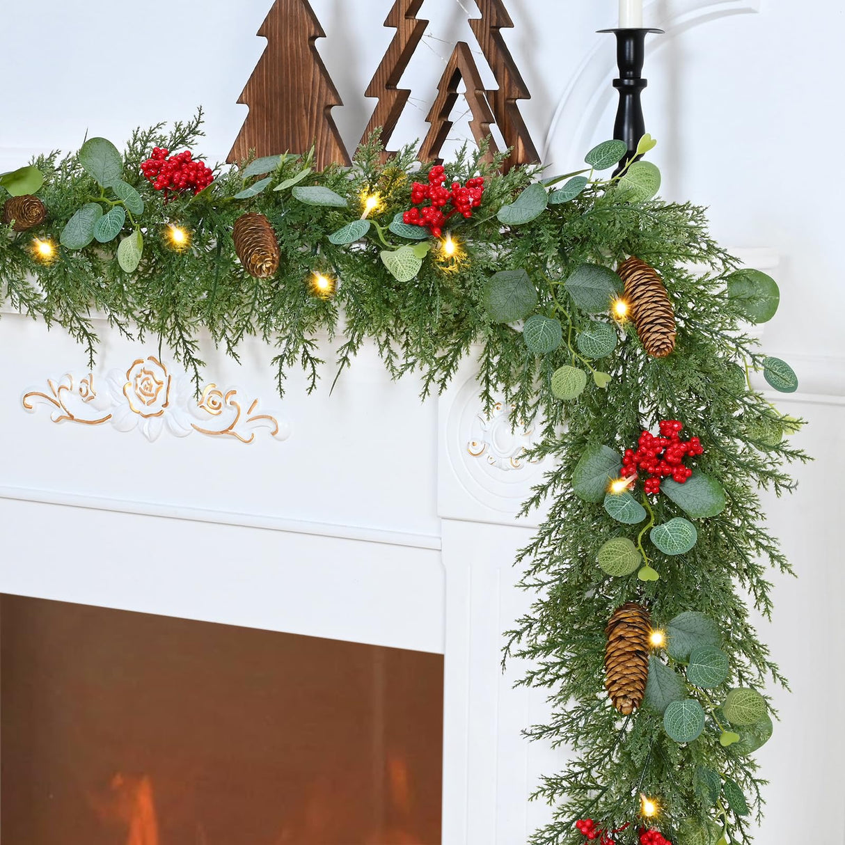 Waipfaru Christmas Decorations, 5.9FT Christmas Garland with Lights, Prelit Lighted Christmas Greenery Cedar Garland Cypress for Home Table Mantel Stair Railing Indoor Outdoor Xmas Decor Waipfaru