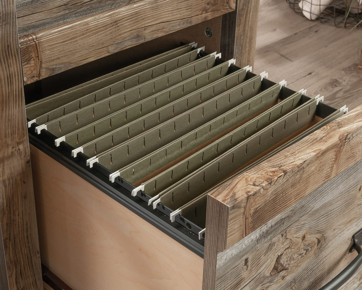 Sauder Carson Forge Pedestal Desk, L: 53.19" x W: 22.64" x H: 29.80", Soft White Finish Sauder