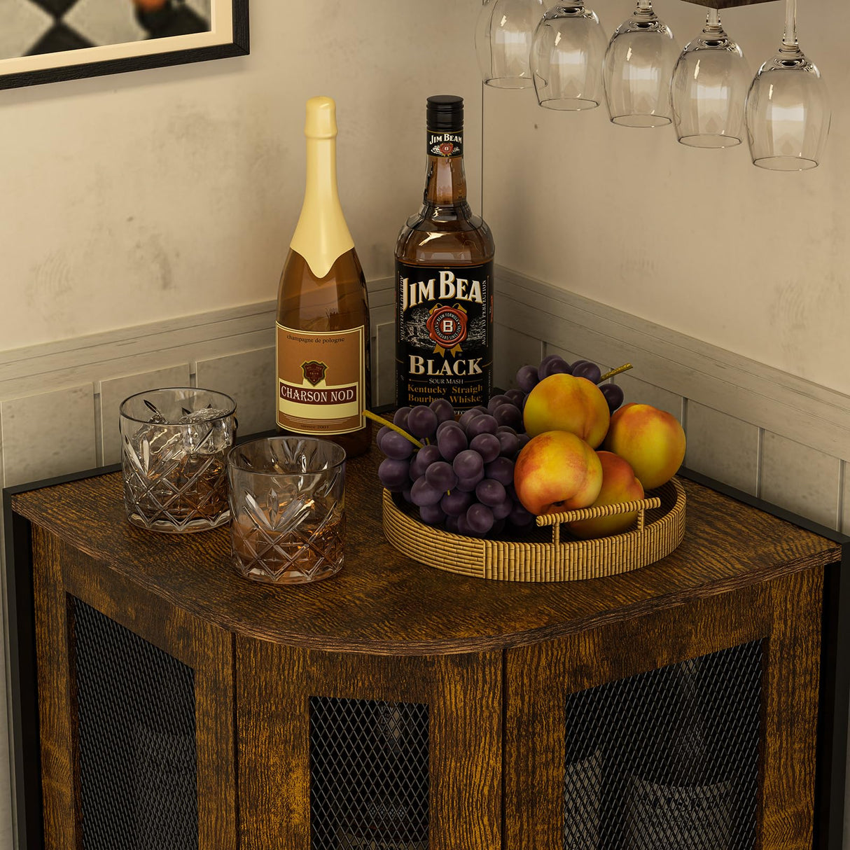 JKsmart Corner Storage Cabinet with Open Shelf, 3-Tier Industrial Wine Bar Cabinet with Door, Industrial Corner Cabinet for Kitchen, Living Room, Dining Room, Rustic Brown JKsmart