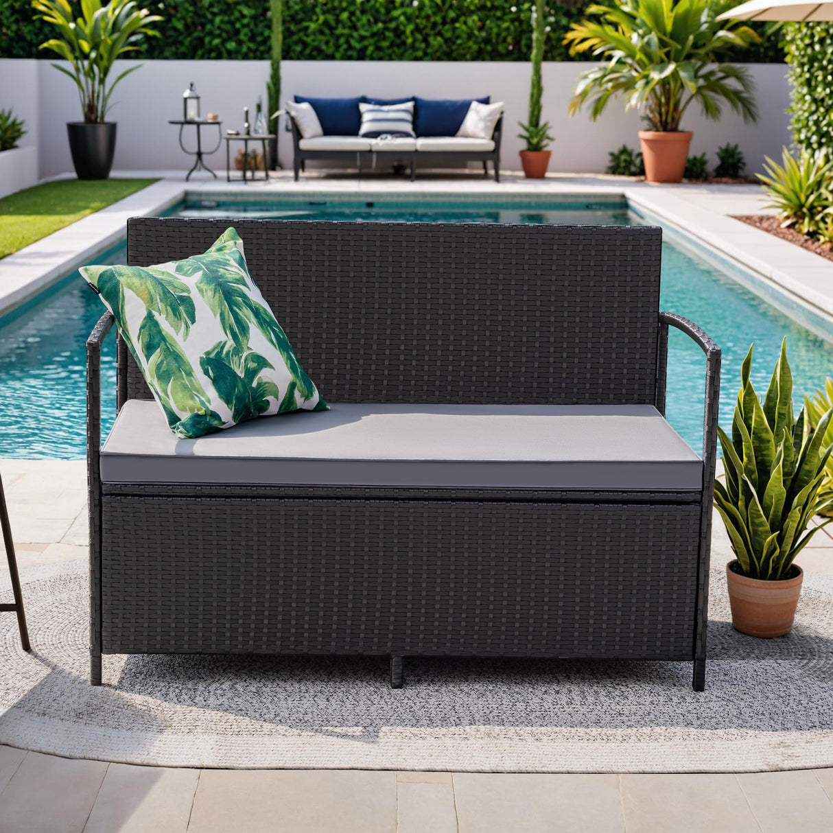 Greesum Patio Loveseat PE Rattan Wicker Outdoor Furniture with Soft Cushions & Built-in Storage Space for Lawn Garden Backyard, Black Greesum