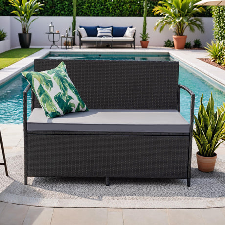 Greesum Patio Loveseat PE Rattan Wicker Outdoor Furniture with Soft Cushions & Built-in Storage Space for Lawn Garden Backyard, Black Greesum