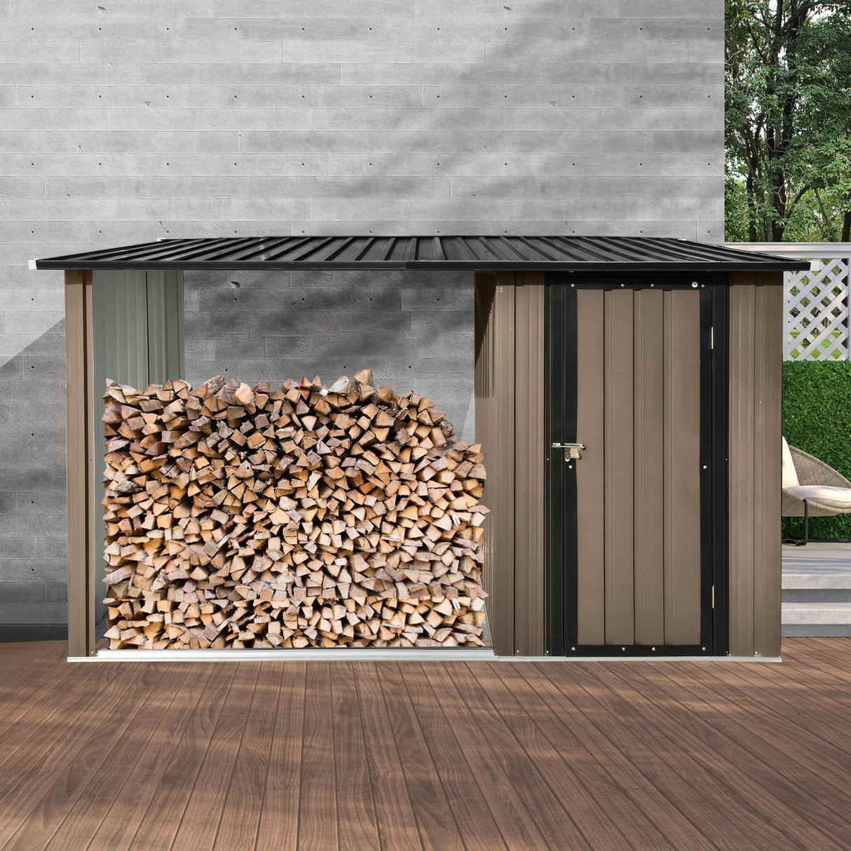 YOPTO Firewood Rack Outdoor Metal Storage Shed,Two-in-one Function with Sloped Roof and Open Woodshed Design,Tall Door w/a Latch,Waterproof Building Organizer,for Motorcycle,Bicycles,Black+Brown YOPTO