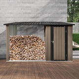 YOPTO Firewood Rack Outdoor Metal Storage Shed,Two-in-one Function with Sloped Roof and Open Woodshed Design,Tall Door w/a Latch,Waterproof Building Organizer,for Motorcycle,Bicycles,Black+Brown YOPTO