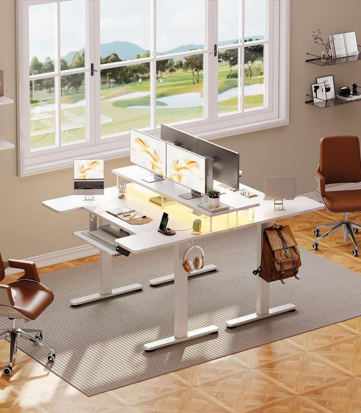 OffiGo U Shaped Electric Standing Desk with Keyboard Tray, 48 Inch Height Adjustable Desk with Power Outlets & LED Lights, Sit Stand Table with Monitor Stand for Home, Office, White OffiGo