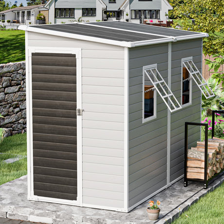 CDCASA 4x8 FT Resin Lean to Shed, Waterproof Outdoor Storage Shed with Floor and Adjustable Openable Windows,Outside Plastic Tool Shed for Backyard Garden Patio Lawn CDCASA