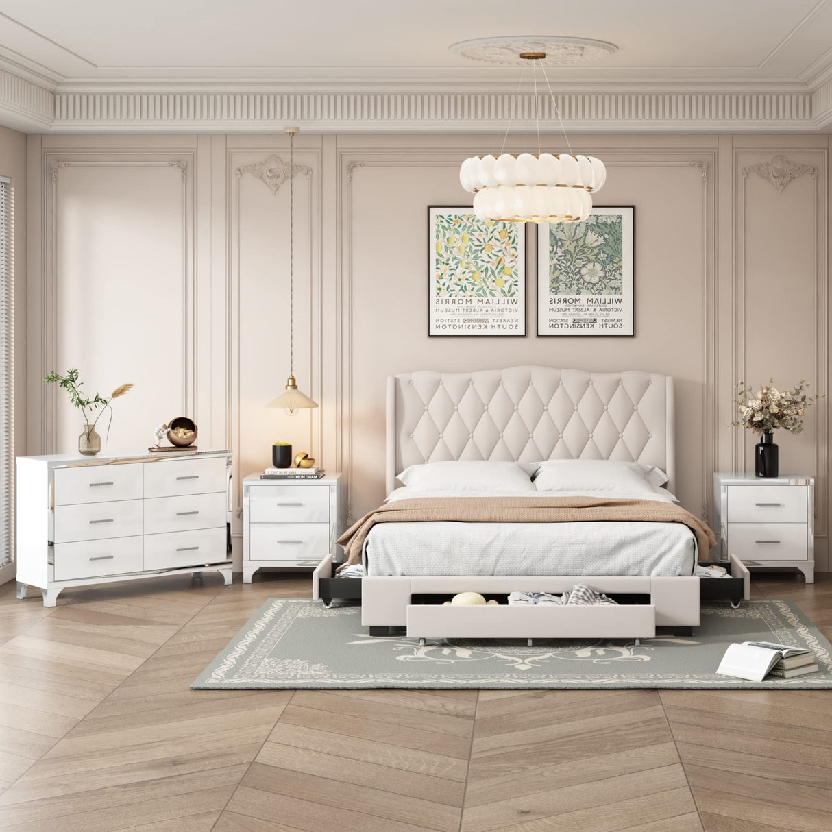 Flieks Queen Size Upholstered Bedroom Set with Storage Drawers and Mirrored Nightstands in Beige Flieks