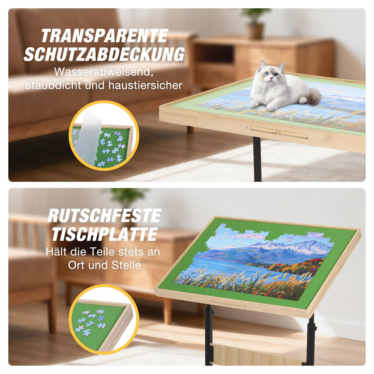 FUNTOK 1500 Piece Puzzle Table with Legs for Adults, Portable Wooden Puzzle Board Table with Drawers, Adjustable Height, 4-Tilting-Angle, Transparent Cover, Non-Slip Felt Surface, Present for Mom FUNTOK