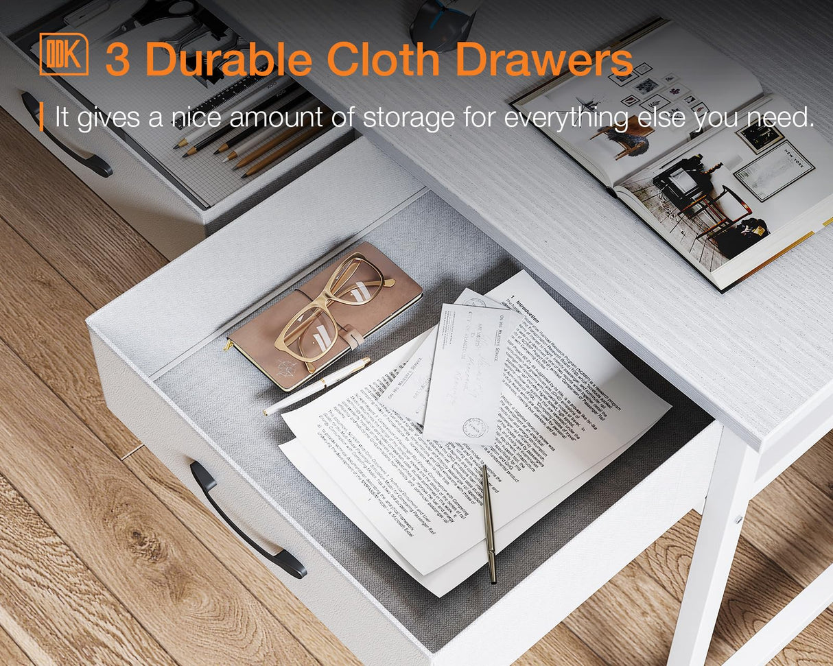 ODK 40 Inch Small Computer Desk with 3 Drawers and USB Power Outlets, Home Office Desks with LED Lights and Adjustable Monitor Stand, Work from Home, Modern Work/Writing/Study Table for Bedroom, White ODK