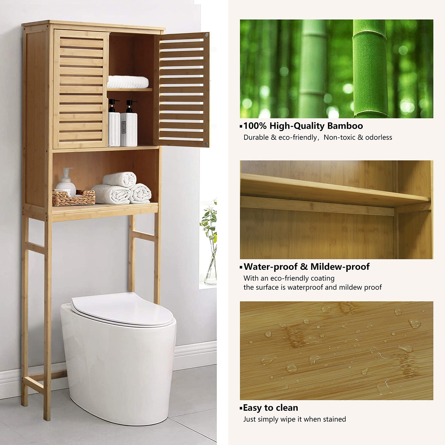 MUPATER Bathroom Over-The-Toilet Storage Cabinet with Doors and Shelves, Bamboo Over Toilet Organizer, Freestanding Tall Space Saver Toilet Rack, Natural Wood