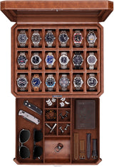 ROTHWELL 18-Slot Watch Case with Drawer – Luxury Watch Box for Men, Real Glass Top, Lockable, Display Case for Collections (Tan/Brown) ROTHWELL