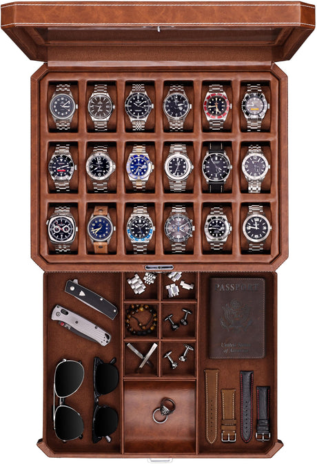 ROTHWELL 18-Slot Watch Case with Drawer – Luxury Watch Box for Men, Real Glass Top, Lockable, Display Case for Collections (Tan/Brown) ROTHWELL