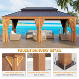 Jolydale 12' x 20' Gazebo, Wooden Finish Coated Aluminum Frame Canopy, Galvanized Steel Double Top, Outdoor Permanent Metal Pavilion with Privacy Curtains and Netting, for Patio, Deck and Backyard Jolydale