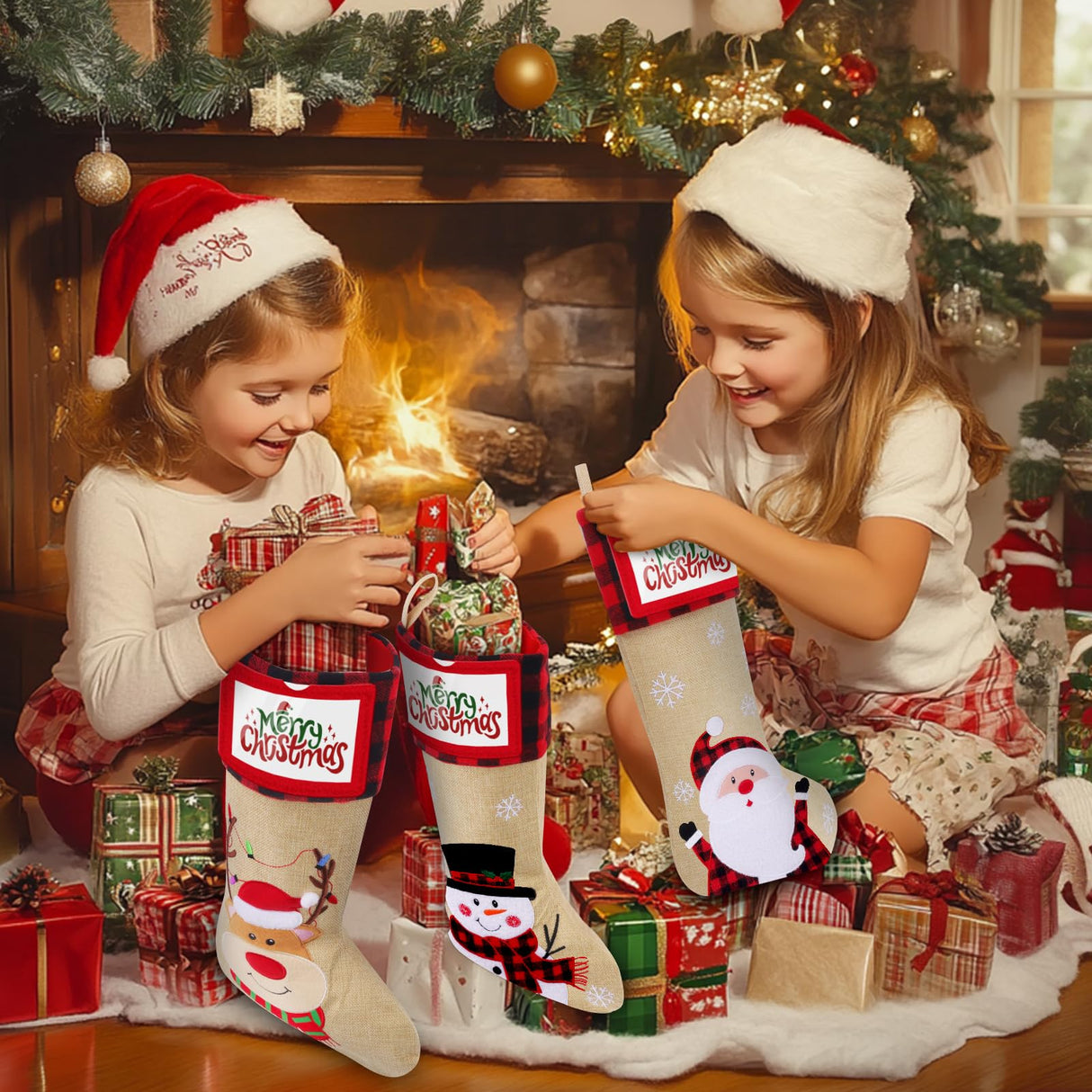 DeckTheHalls Christmas Stockings, 3 PCS Personalized Christmas Stocking, 19” Large Holiday & Family Stocking for Christmas Tree Decoration | Fireplace Party Decoration DeckTheHalls