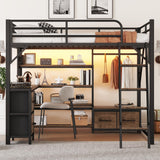Loft Bed Queen Size with Desk and Charging Station, Metal Loft Beds Frame with LED Lights, Bookcase & 4 Fabric Storage Drawers & Bench, Adults Loft Beds with Wardrobe -Safety Guard & Ladder, Black Mirightone