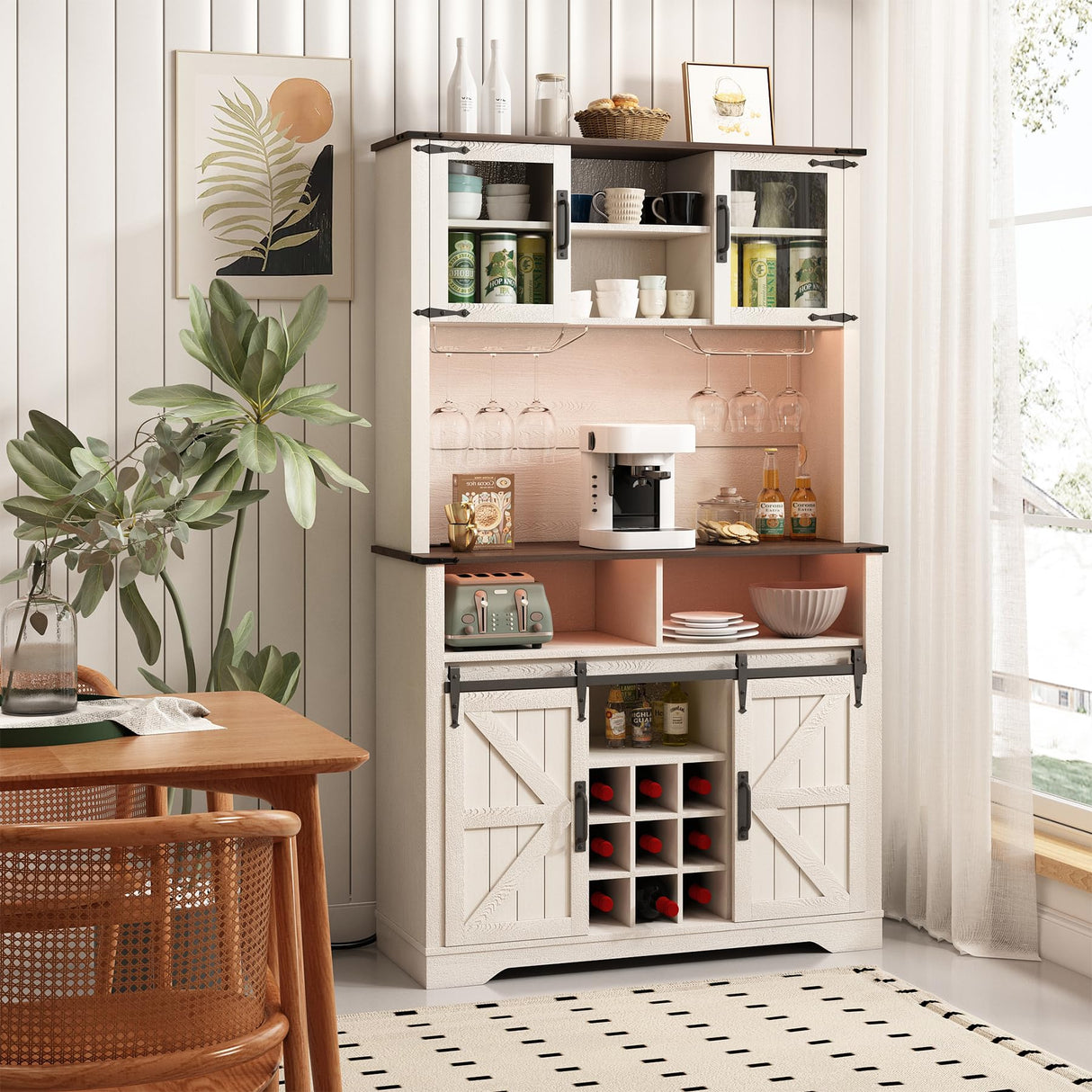 GlouMod Farmhouse Coffee Bar Cabinet with Sliding Barn Door, 70" Tall Kitchen Hutch China Cabinet w/Wine Rack, Power Outlet & Lighting, Liquor bar Station Food Pantry Storage Cabinet for Home, White GlouMod