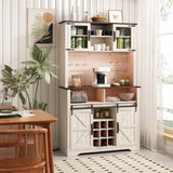 GlouMod Farmhouse Coffee Bar Cabinet with Sliding Barn Door, 70" Tall Kitchen Hutch China Cabinet w/Wine Rack, Power Outlet & Lighting, Liquor bar Station Food Pantry Storage Cabinet for Home, White GlouMod
