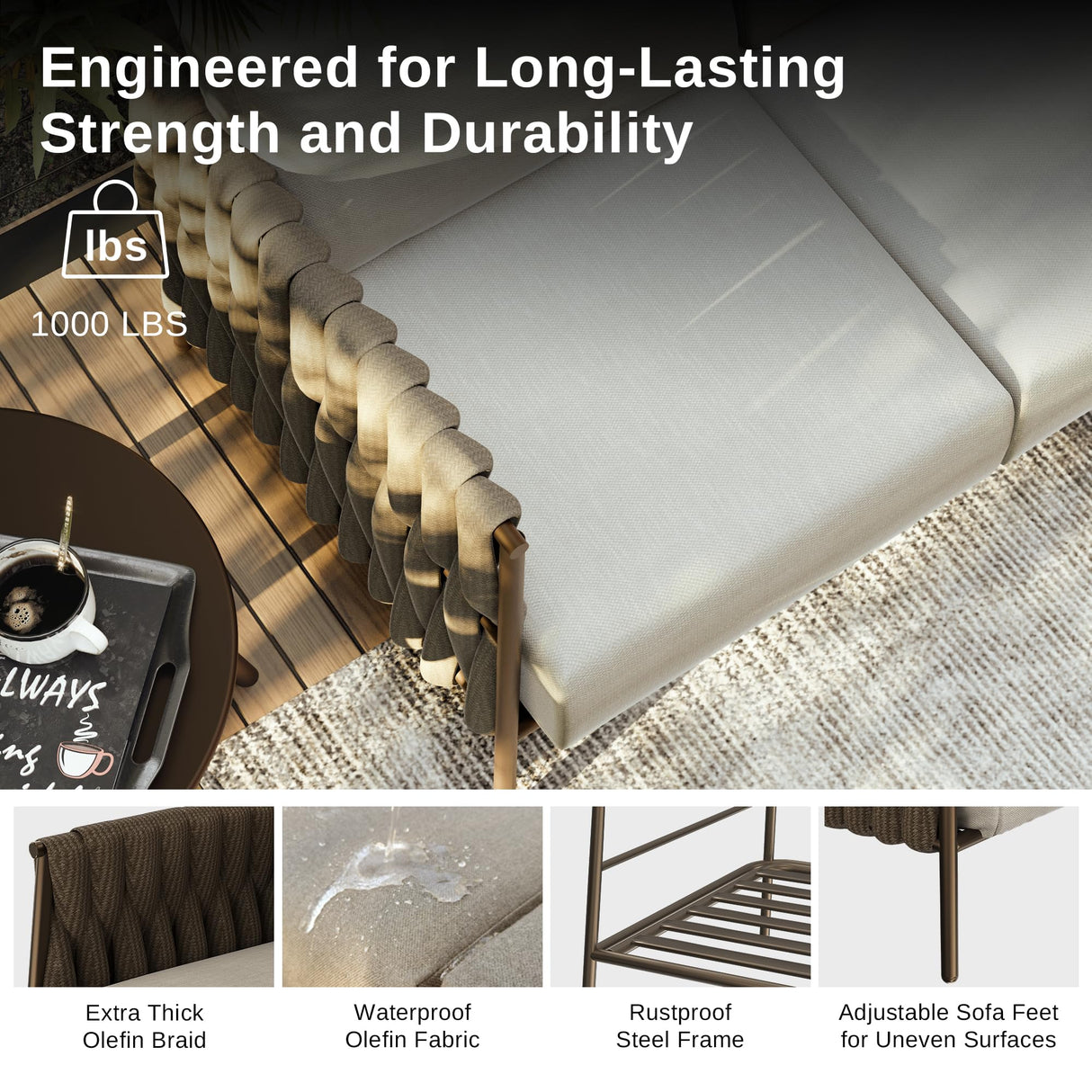 EAST OAK Life Chatter Modern Patio Sofa, 3 Seats with Waterproof Thick Cushions, Deep Seating for Outdoor Garden Porch & Blackyard, Chestnut Brown & Creamy Apricot EAST OAK