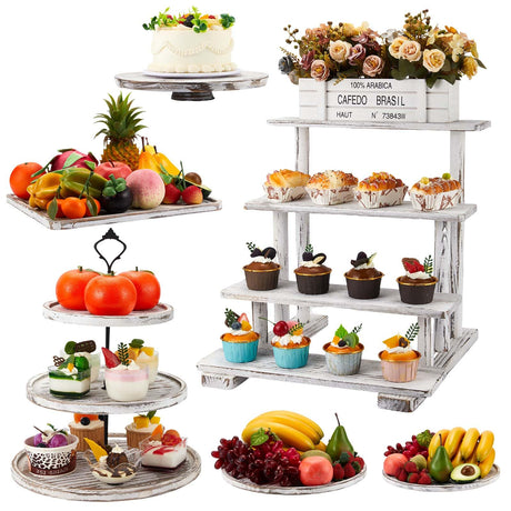 Roowest Wood Cake Stands Set of 6 Wood Dessert Tower Dessert Trays Desert Stands Cupcake Stand Rustic Wood 3 Tier Cupcake Serving Stands with Dessert Trays Farmhouse Wood for Tea Party (Vintage Brown) Roowest
