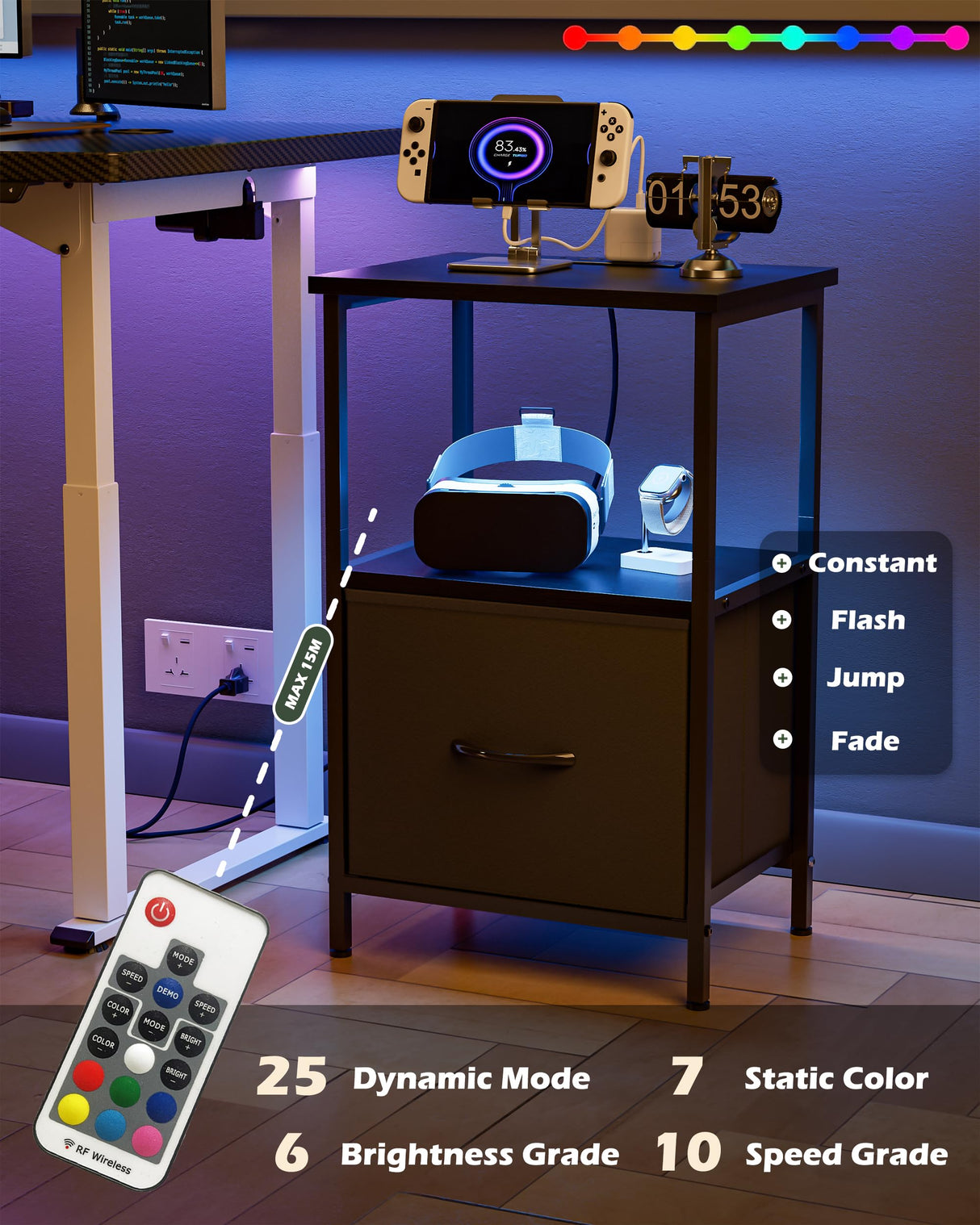 Innerjoin Side Table with Storage, LED Night Stand with A&C Charging Station, End Tables Living Room, Nightstand for Bedroom with Fabric Drawer, Black Innerjoin