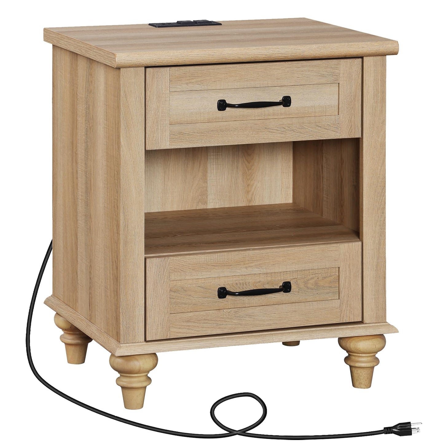 WAMPAT Farmhouse End Table Nightstand with Charging Station, Small Side Table with 2 Drawers for Living Room, Light Wood Night Stand Bedside Table for Bedroom, Oak