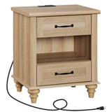 WAMPAT Farmhouse End Table Nightstand with Charging Station, Small Side Table with 2 Drawers for Living Room, Light Wood Night Stand Bedside Table for Bedroom, Oak WAMPAT