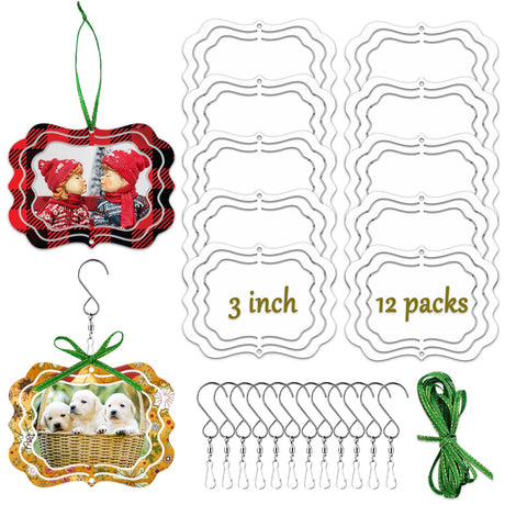 WindMage 12 Pack 3inch Sublimation Wind Spinner Blanks 3D Aluminum Metal Wind Sculpture Kinetic Spinners for Yard and Garden Indoor Art Sublimation Christmas Ornament Hanging Decoration (Photo Frame) WindMage
