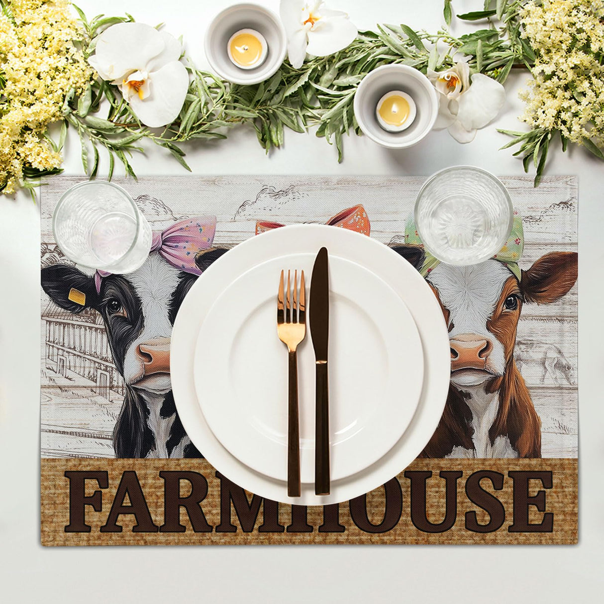 Cute Cow Farmhouse Placemats 4pcs, Farm Animal Tabletop Mat Rustic Style Non-Slip Washable Place Mats 12 x 18 Inch for Holiday Kitchen Dining Decor Imiss