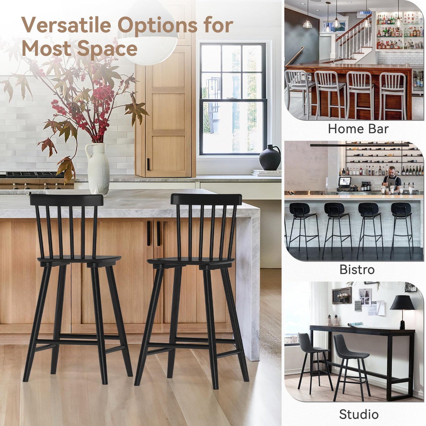 LUE BONA Windsor Wooden Bar Stools Set of 4 for Kitchen Island, Farmhouse 24 Inch Counter Height Stools Chairs with Spindle Back, Black - WoodArtSupply