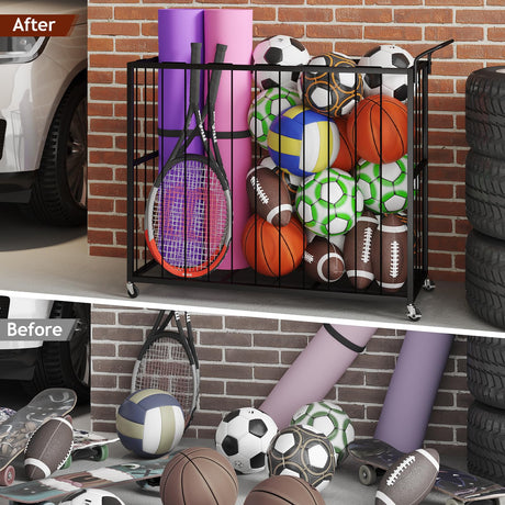 Homsorout Ball Storage Bin Rolling Sports Ball Cart, Metal Garage Organizer Sport Rack, Ball Basket Storage, Ball Cage for Garage or Gym, Indoor & Outdoor Sports Equipment Organizer（Black） Homsorout
