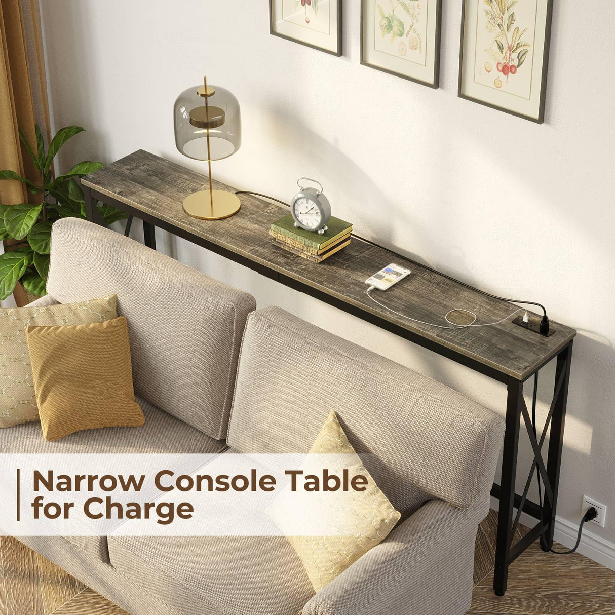 Rolanstar Console Table with Power Outlet, Narrow Sofa Table, 70.8" x 11.8" Farmhouse Table Behind Sofa Couch Hallway Entrance for Living Room, Entryway, Foyer, with Metal Frame,Grey Rolanstar