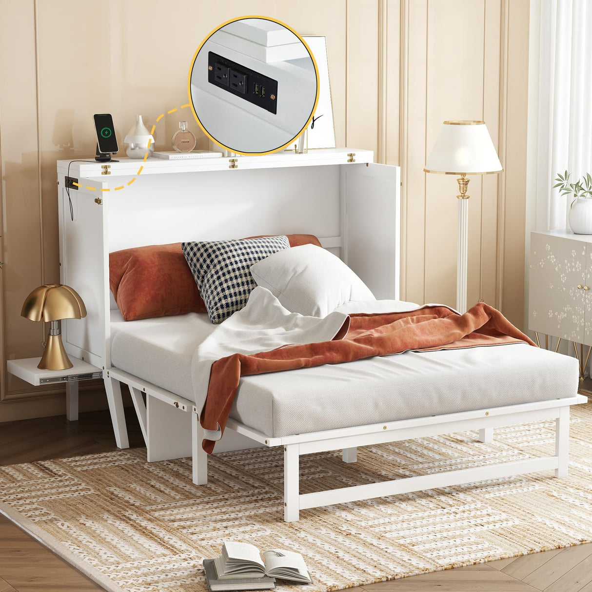 jurmiture Full Size Murphy Bed with USB Port and Removable Shelves on Each Side, Solid Pine Murphy Cabinet Bed for Home Office, Guest Room, White jurmiture