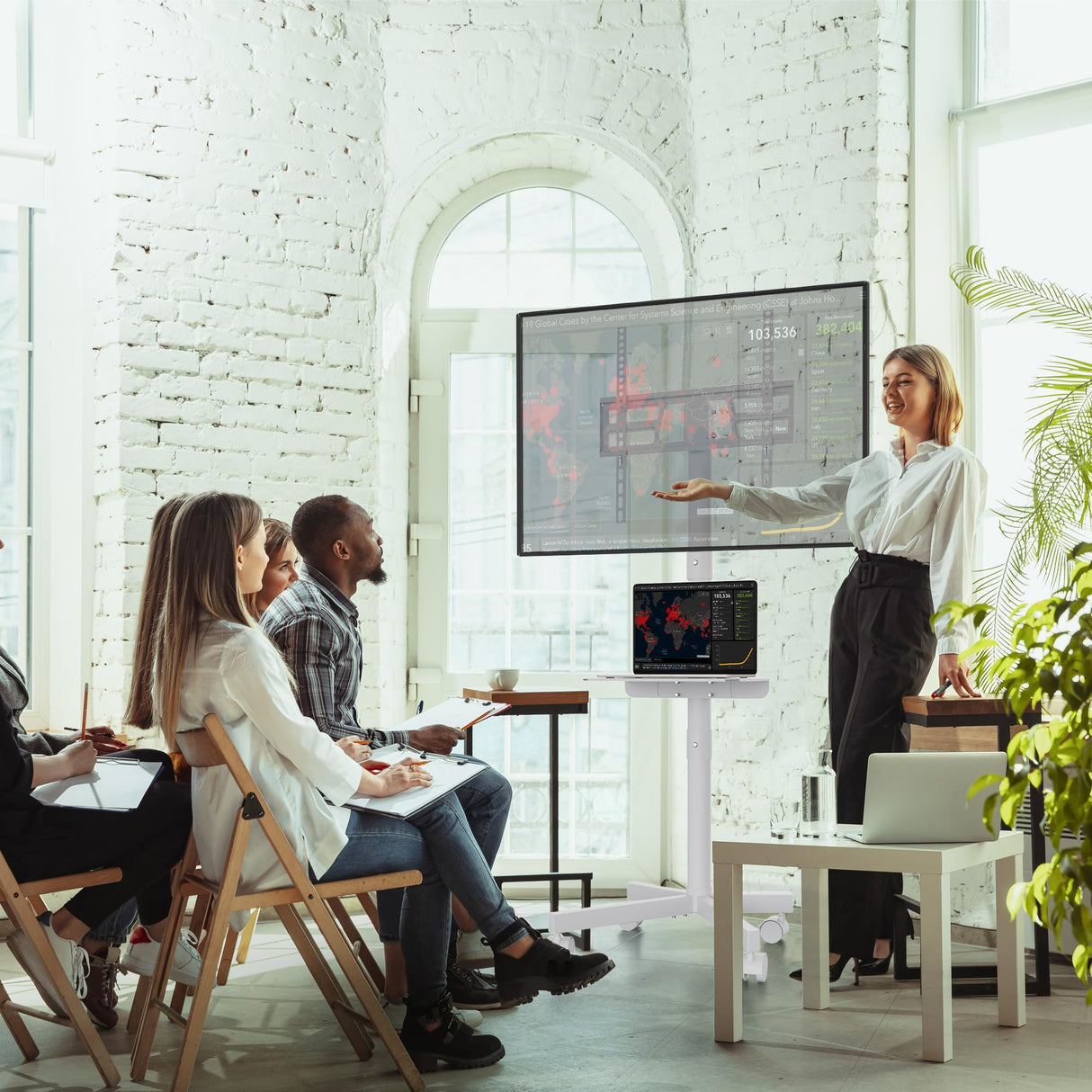 BONTEC Mobile TV Stand, Tilt Rolling TV Cart with Media Shelf and Locking Wheels, Fits 23-60” LED, LCD, OLED Flat Curved TVs, Holds Up to 88lbs, Max VESA 400x400mm, White BONTEC