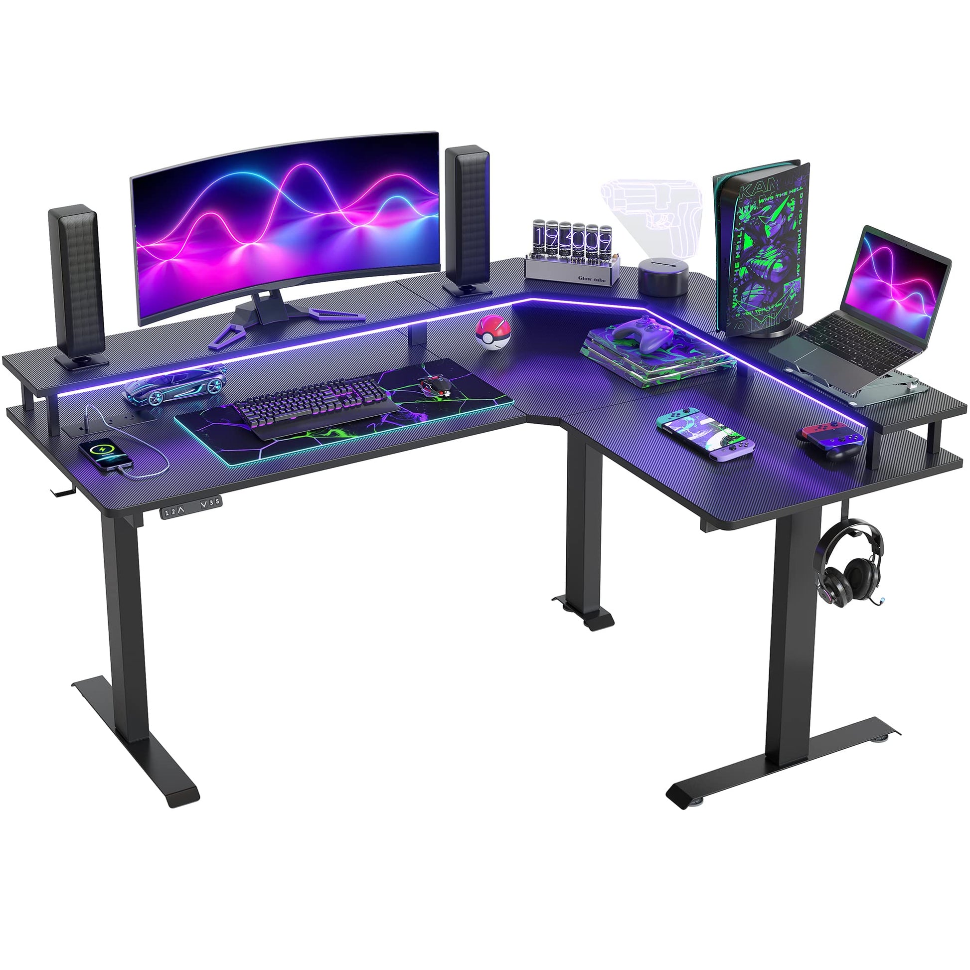 FEZIBO 63" Triple Motor L Shaped Standing Desk with LED Strip & Power Outlets, Height Adjustable Stand up Corner Gaming Desk with Ergonomic Monitor Stand, Black Carbon Fiber Top/Black Frame - WoodArtSupply