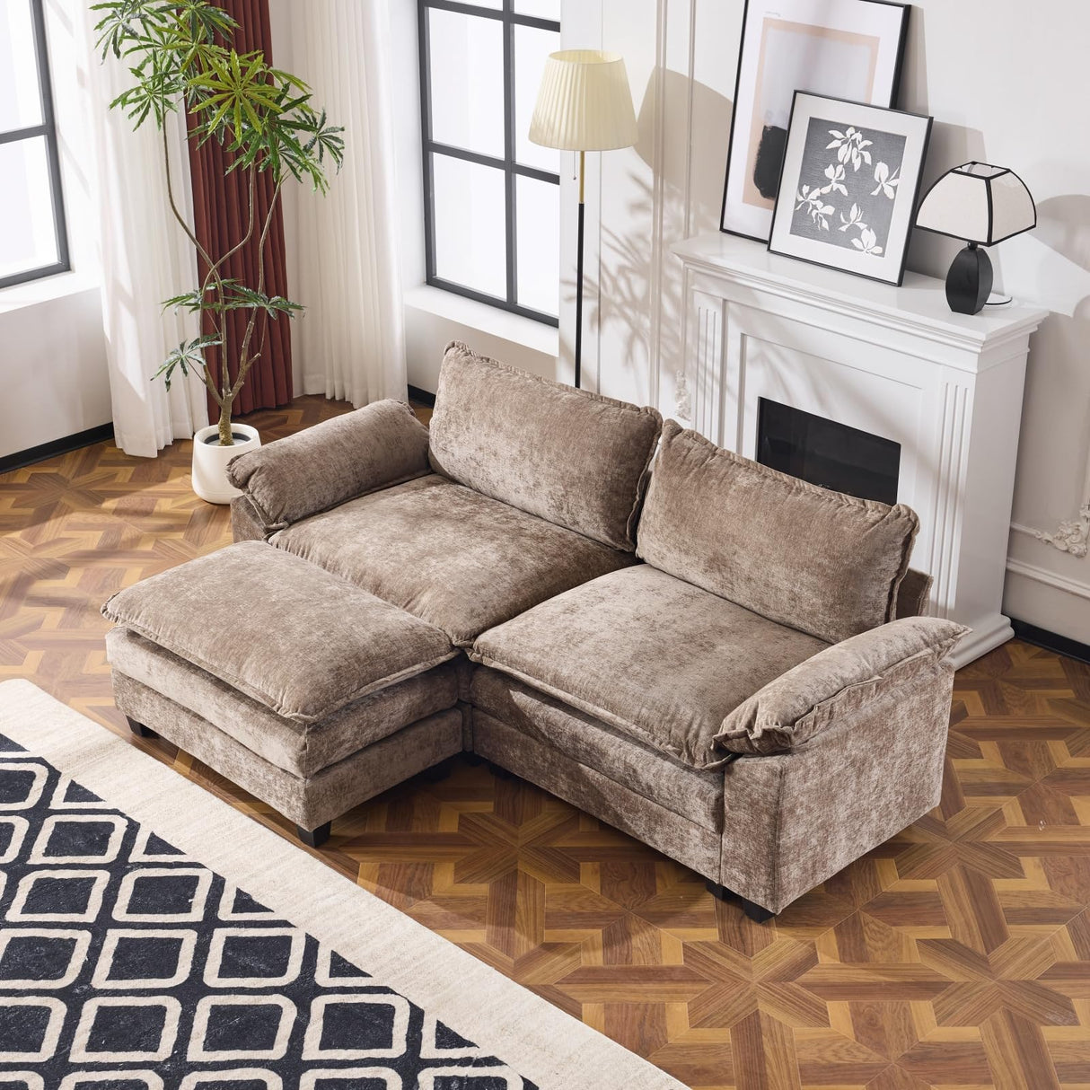 VINGLI Convertible Sectional Loveseat Sofa for Apartment with Deep Seat &Movable 2-Layer Ottoman, Oversized L-shape Cloud Sofa with Chaise &Armrests, 2-Seat Sofa for Small Spaces, Chenille,Light-Brown VINGLI