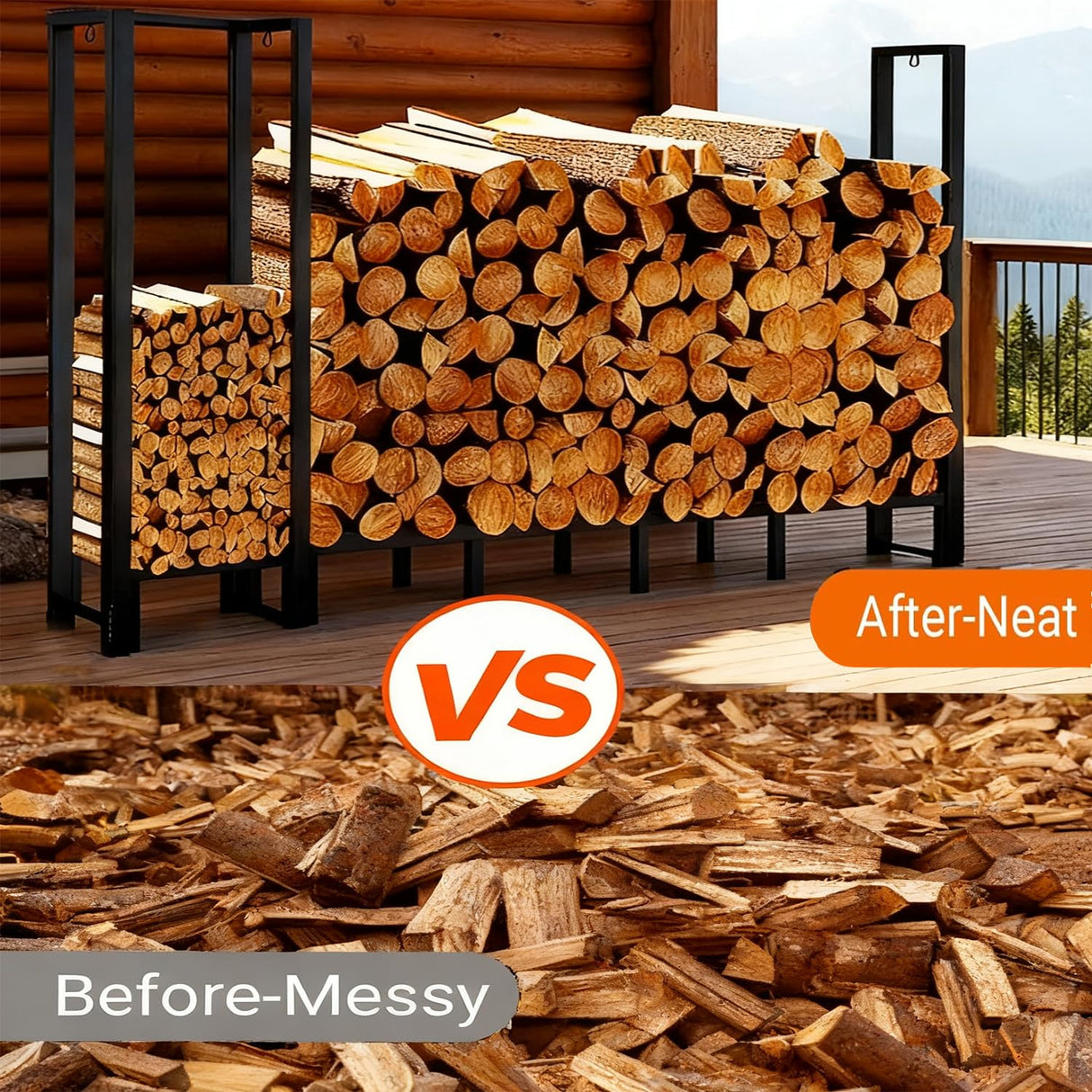 Shomextol 8ft Large Firewood Rack Outdoor, Heavy Duty Metal Wood Rack with Kindling Storage - For Indoor & Outdoor Fireplace, Wood Pile Organizer,Black Shomextol