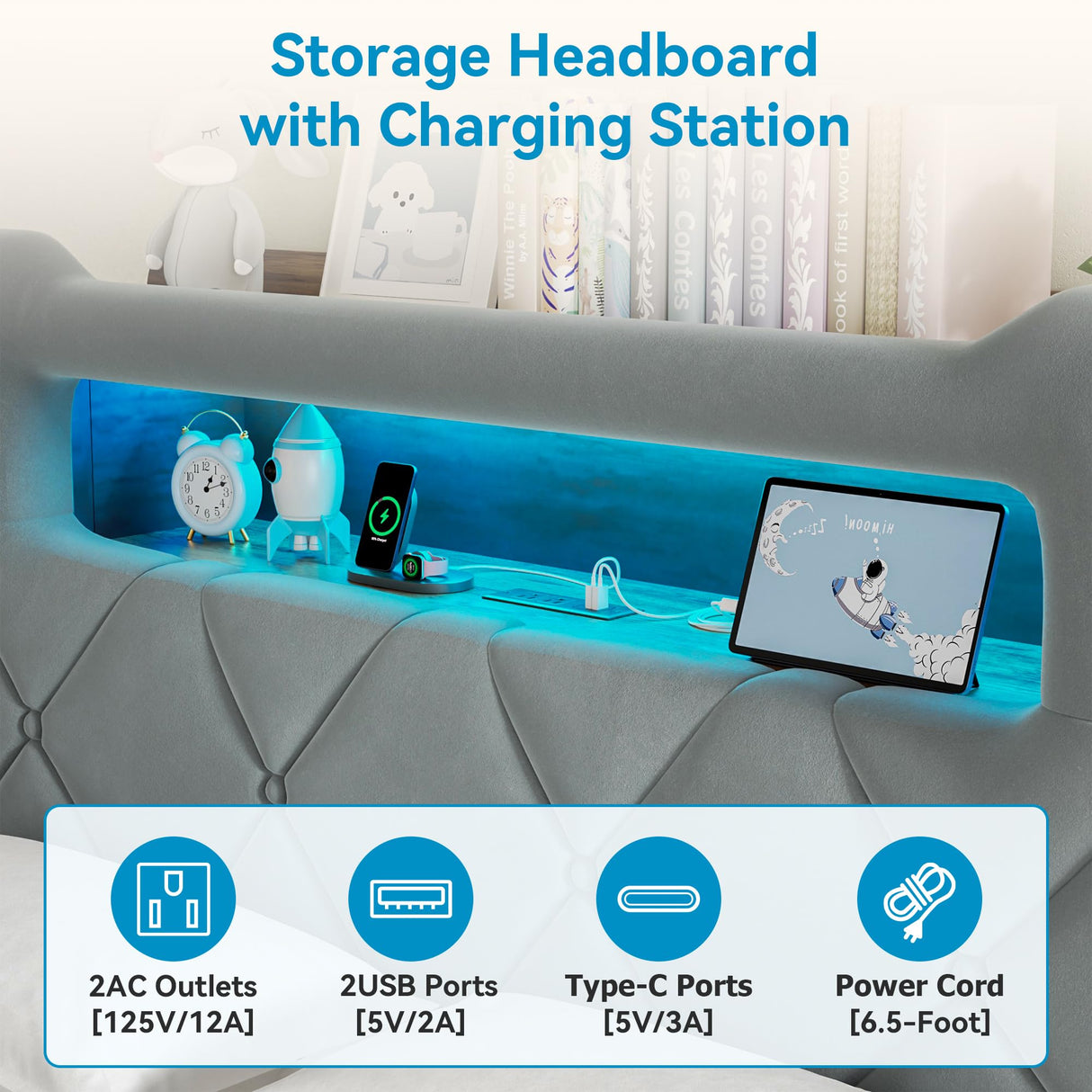 Queen Upholstered LED Bed Frame with 2 Storage Drawers and 2-Tier Storage Headboard, Velvet Platform Bed with Charging Station & Bookcase, Heavy Duty Metal Support, No Box Spring Needed, Grey Jocoevol