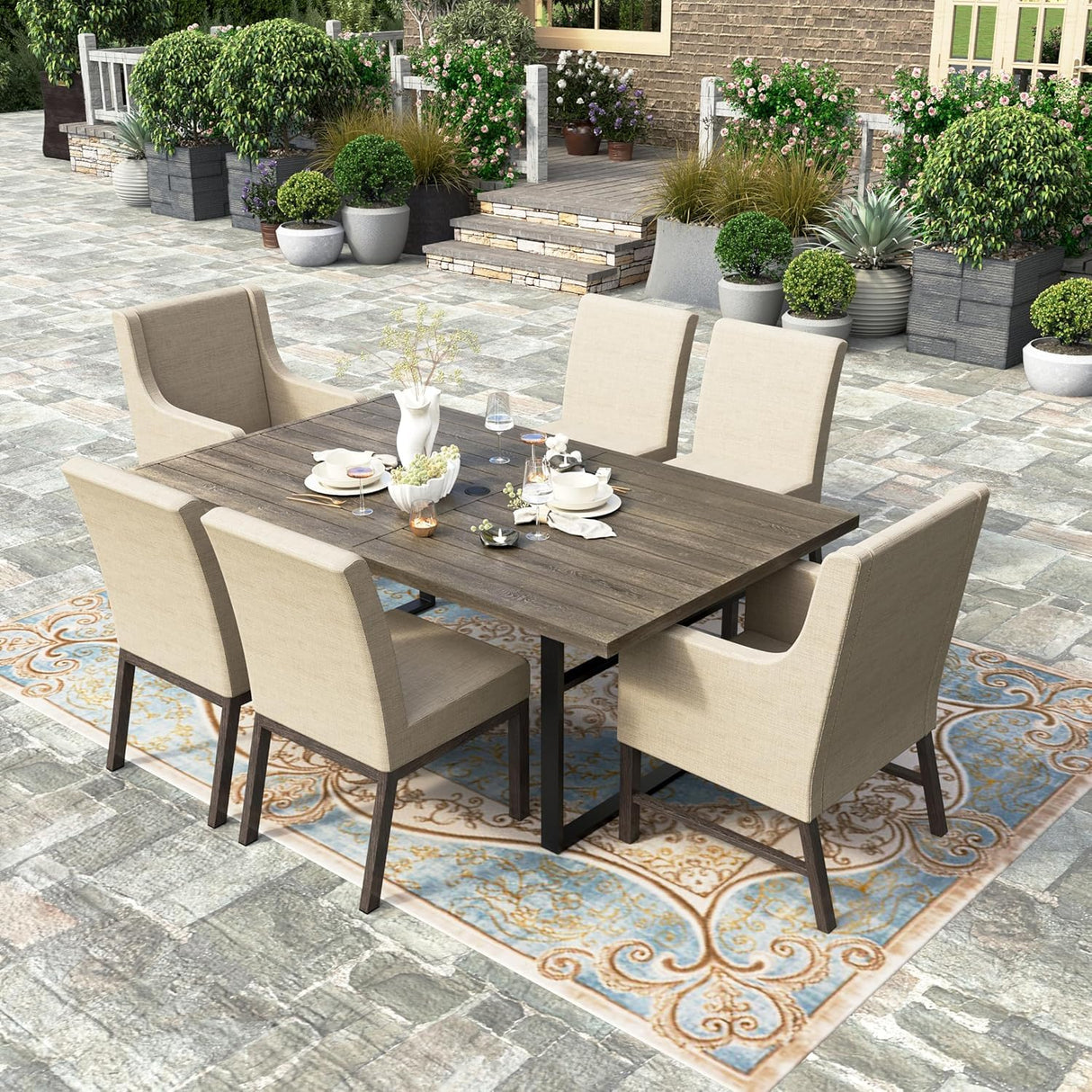 HERA'S HOUSE 7-Piece Indoor/Outdoor Dining Set for 6-64" Rust-Resistant Metal Table & 4.7" Cushioned Chairs, All-Weather Patio and Dining Room Furniture for Deck Kitchen Garden Backyard HERA'S HOUSE