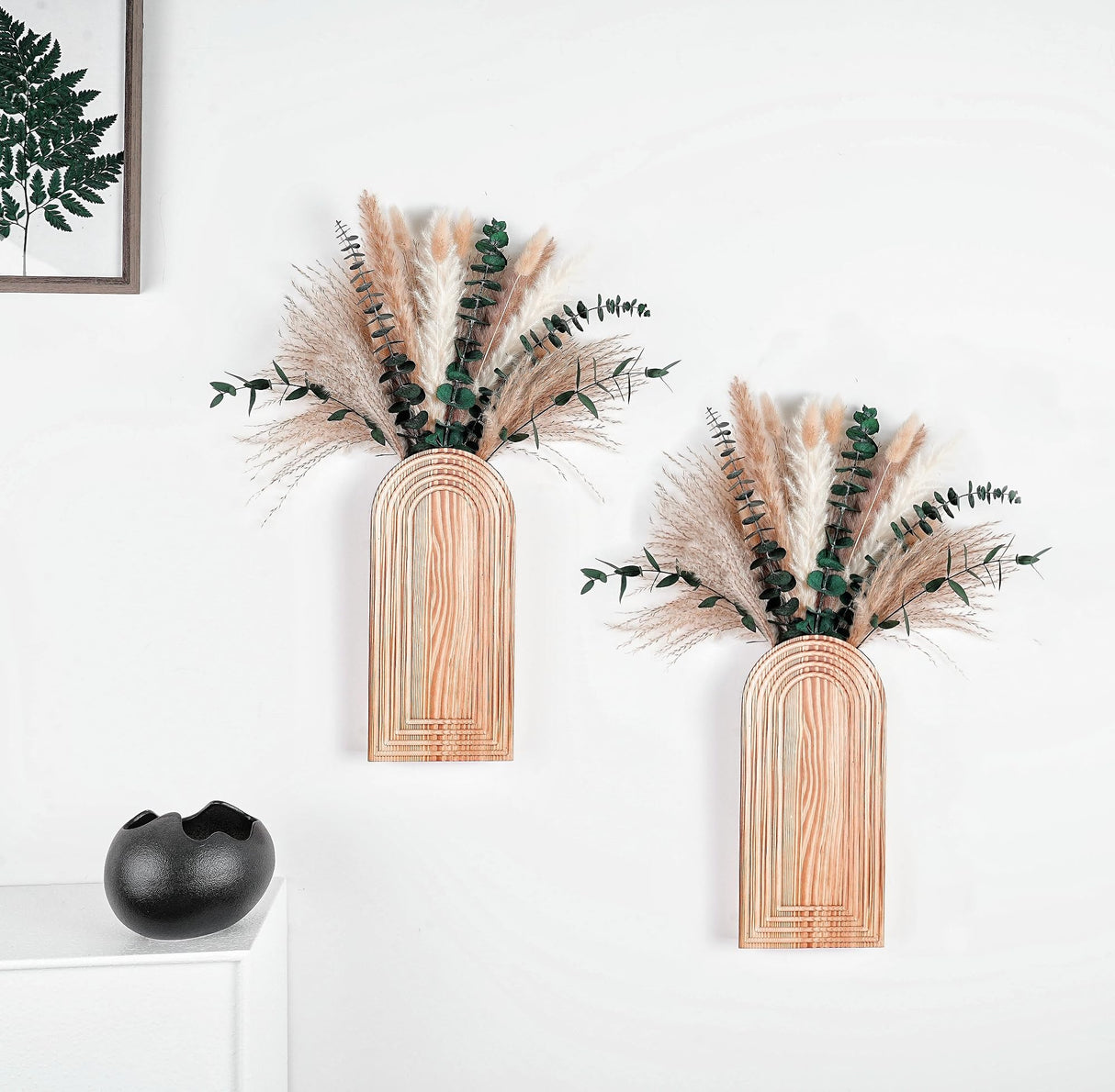 Set of 2 Wooden Vases with Pampas Grass and Eucalyptus – Boho Decor for Living Room, Modern Farmhouse Entryway or Bathroom, Rustic Art for Home Decoration QQBABO