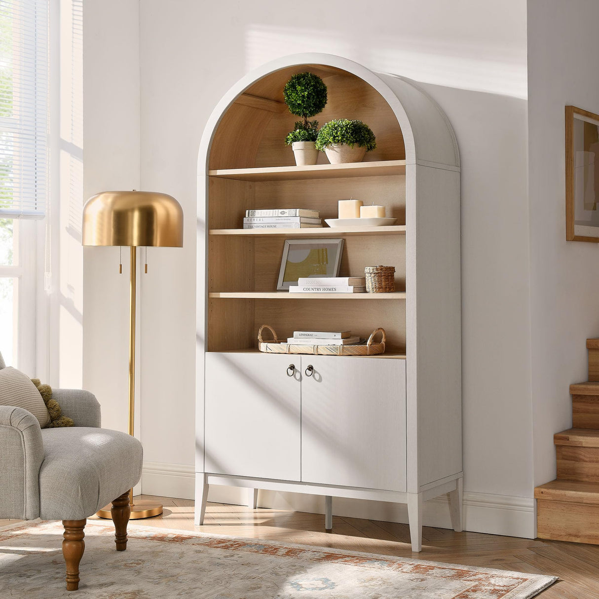 Modway Nolan Tall Arched Storage Display Cabinet in Ivory - 74 Inch Arch Bookshelf with Open and Closed Shelving - Modern Accent Cabinet for Living Room, Dining Room Modway