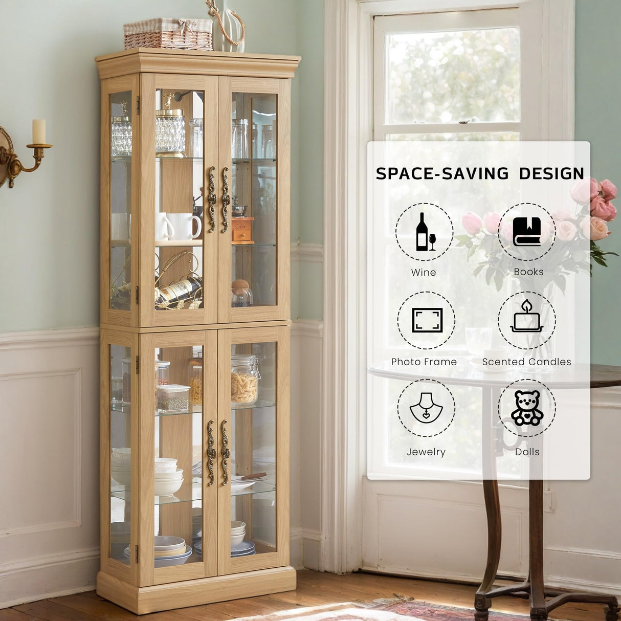 CKEASEAN Curio Cabinet 71" Lighted Glass Display Case, Wooden Wine Bar Cabinet with 6 Adjustable Shelves, Tempered Glass Doors, Light Bulb Included, Rack for Living Room Liquor Storage (Light Oak) CKEASEAN