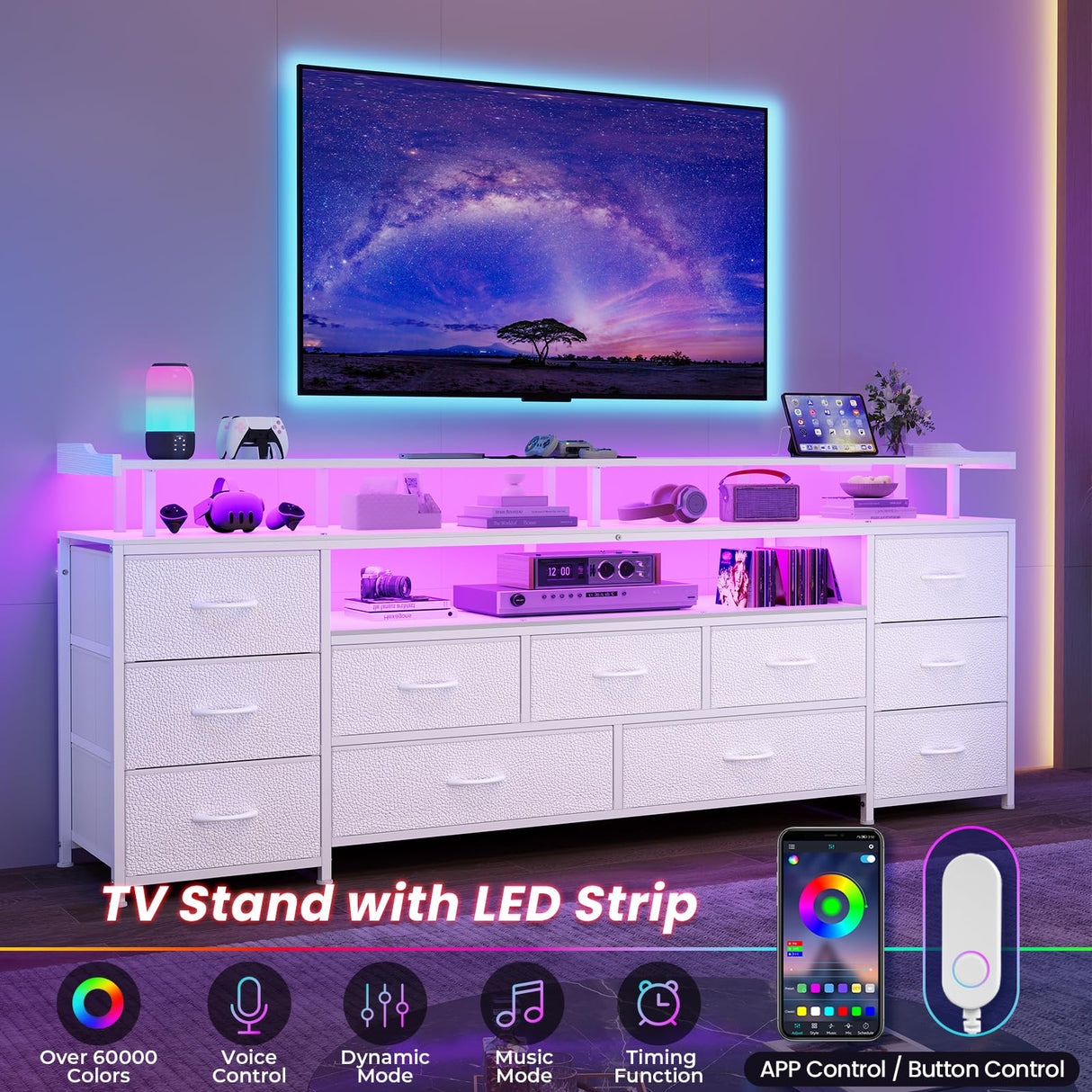 ADORNEVE TV Stand for 65 Inch TV, 63" W TV Console Table with LED Lights & Charging Station, Long Dresser with 11 PU Drawers, Large Entertainment Center with Shelves for Bedroom,White ADORNEVE