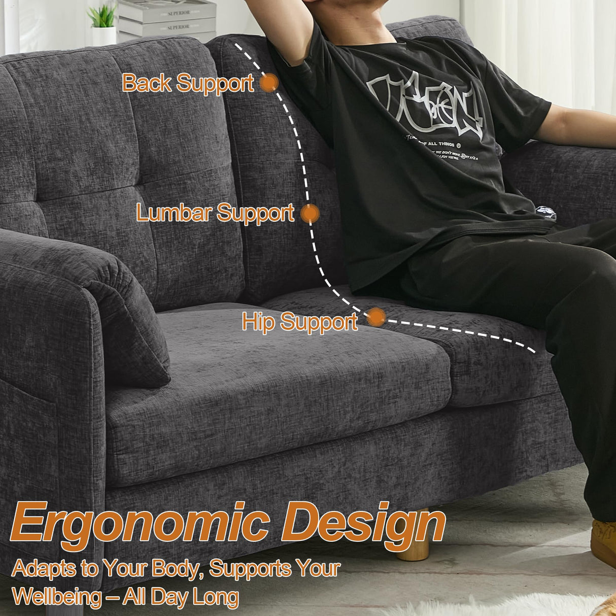 WUTUTUEE 65" Chenille Loveseat Sofa, Modern 2-Seater Love Seat Couch with Armrest Pillows, Storage Pockets, Easy Assembly, Upholstered Tufted Loveseat Couches for Living Room Bedroom, Dark Grey WUTUTUEE